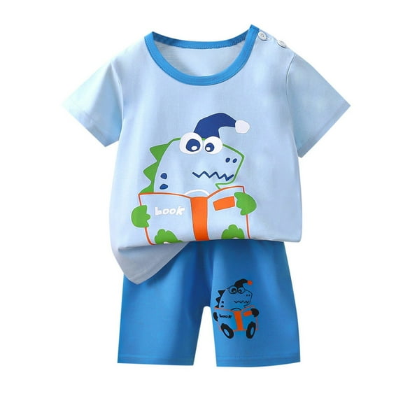 Baby Boy Outfits Toddler Boys Girls Summer Cartoon Printed Short Sleeved Tops and Shorts 2Pc Casual Outfit Baby Boy Summer Clothes Light Blue 18 Months-24 Months