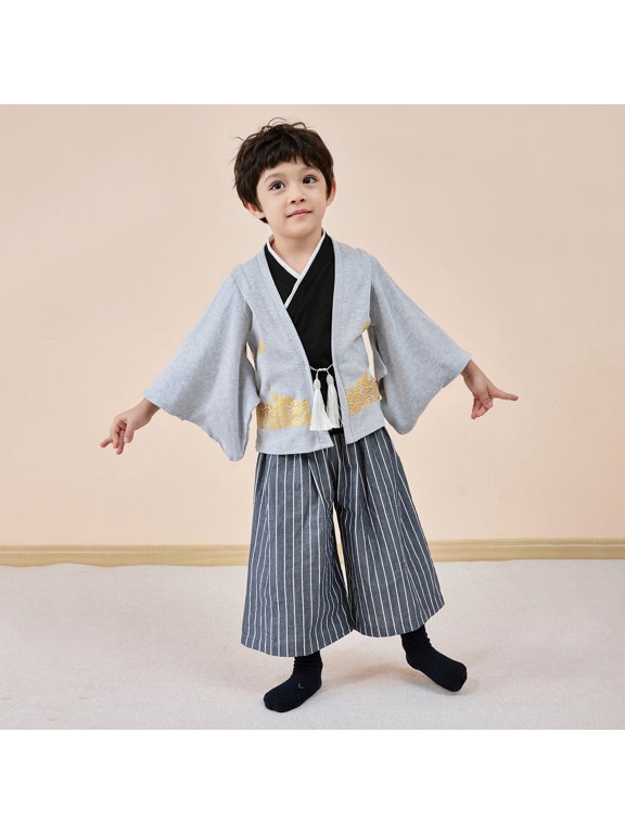 Baby Boy Outfits Toddler Boys Japanese Style Kimono Set for Wedding Graduation Ceremony Boys' Clothing Sets Grey 3-4 Years
