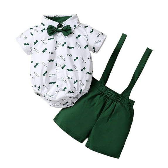 Baby Boy Outfits Toddler Kids Polyester Baby Prints Romper Suspender Pants Set Gentleman Outfit Toddler Boy Summer Clothes Green 0 Months-3 Months