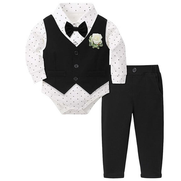 Baby Boy Outfits Tuxedo Gentleman formal Dress Shirt Vest Pants Baby Suit Sets Toddler Boy Clothes Black 3-6 Months