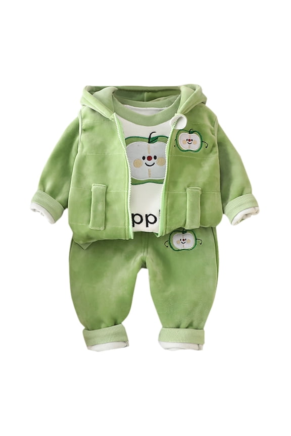 Baby Boy Outfits Winter Warm Long Sleeve Apple Print Tops Trousers Hooded Coat Set Baby Girl Clothes Green 18 Months-24 Months