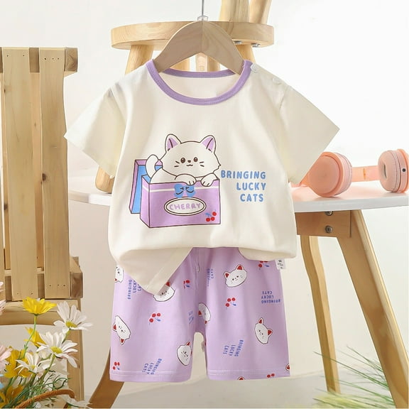 Baby Boy Pajamas Kids Toddler Girls Summer Cartoon Bear Rabbit Lion Prints Cotton Breathable Casual Pajamas Set Girl Pajamas Light Purple 9 Months-18 Months