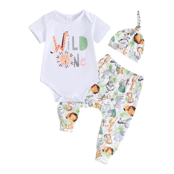 Baby Boy Pants Outfits Letter Print Short Sleeve Romper with Animal Lion Print Pants and Hat Set