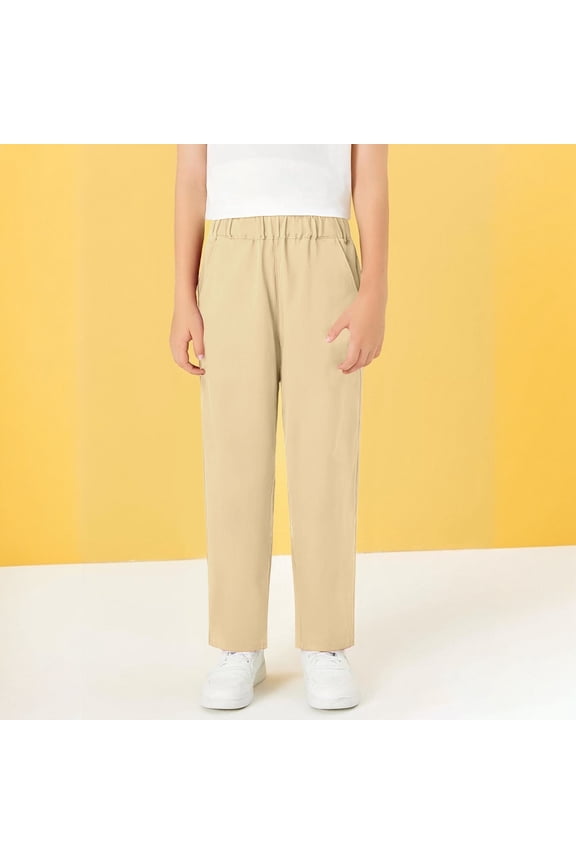 Baby Boy Pants Pocketed Uniform Solid Print Elastic Waist Straight Leg Trousers for Everyday Beige 3 Years-4 Years