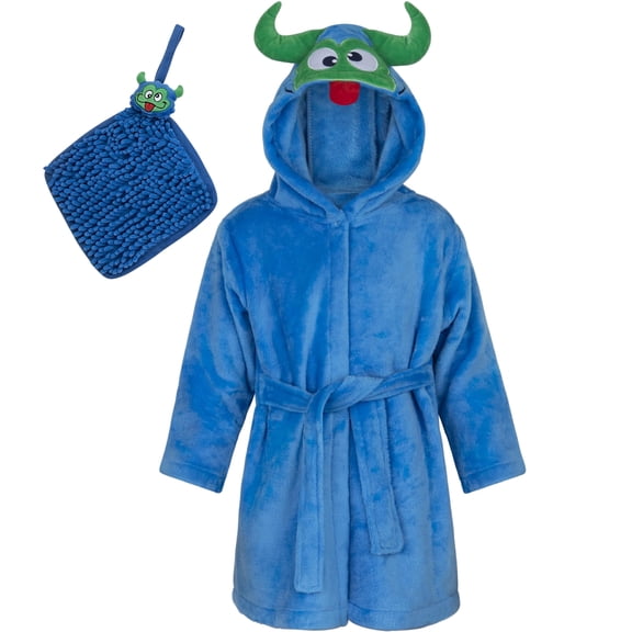 Rising Star Baby Bathrobe Set for Boys, Toddler Bathrobe with Hood, Matching Baby Washcloth, Soft Plush Cotton Boys Bathrobe, Monster