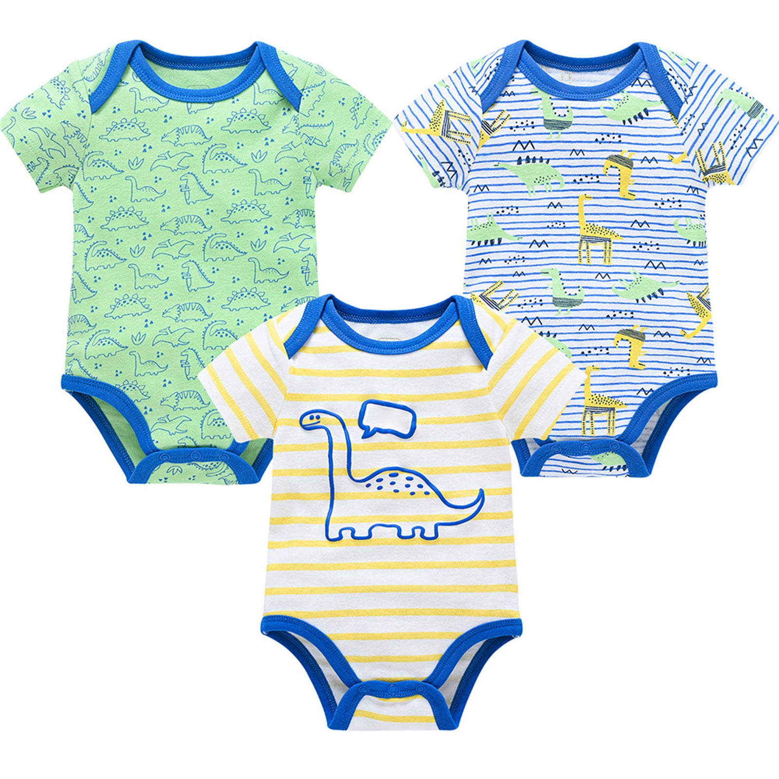 Baby Boy Romper 3Pc Short Sleeve Cartoon Print Cotton Blend Bodysuits