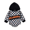 thumbnail image 1 of Baby Boy Romper Halloween Letter Pumpkin Checkerboard Print Long Sleeve Hooded Bottom Snap Jumpsuit, 1 of 9