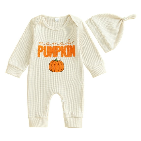 Baby Boy Romper Knit Romper Pumpkin Letter Embroidery Long Sleeve Toddler Clothes With Hat Coming Home Outfit Boy White 0 M-3 M