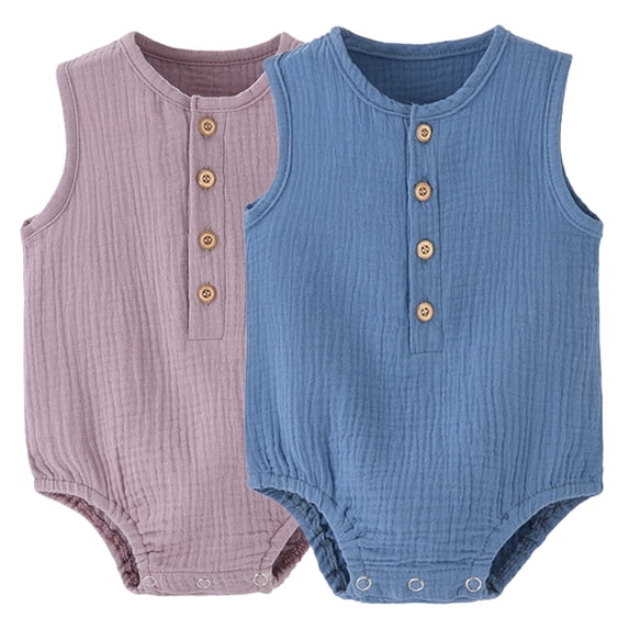 Baby Boy Romper Sleeveless Cotton Linen Bodysuit Tank Top One Piece Neutral Newborn Baby Summer Clothes/Outfits, 12-18 Months(Purple + Blue)