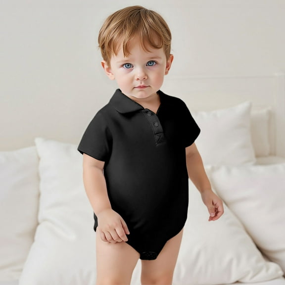Baby Boy Rompers Baby Boys and Girls Summer Solid Bodysuit Short Sleeve Breathable Lightweight Button Up Casual Jumpsuit Baby Bubble Romper Black 0 Months-3 Months