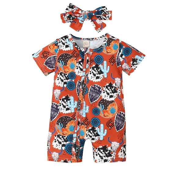 Baby Boy Rompers Short Sleeve Cartoon Cow Prints Pullover Romper Sweatshirt Jumpsuit Baby Onesies Orange 12 Months-18 Months