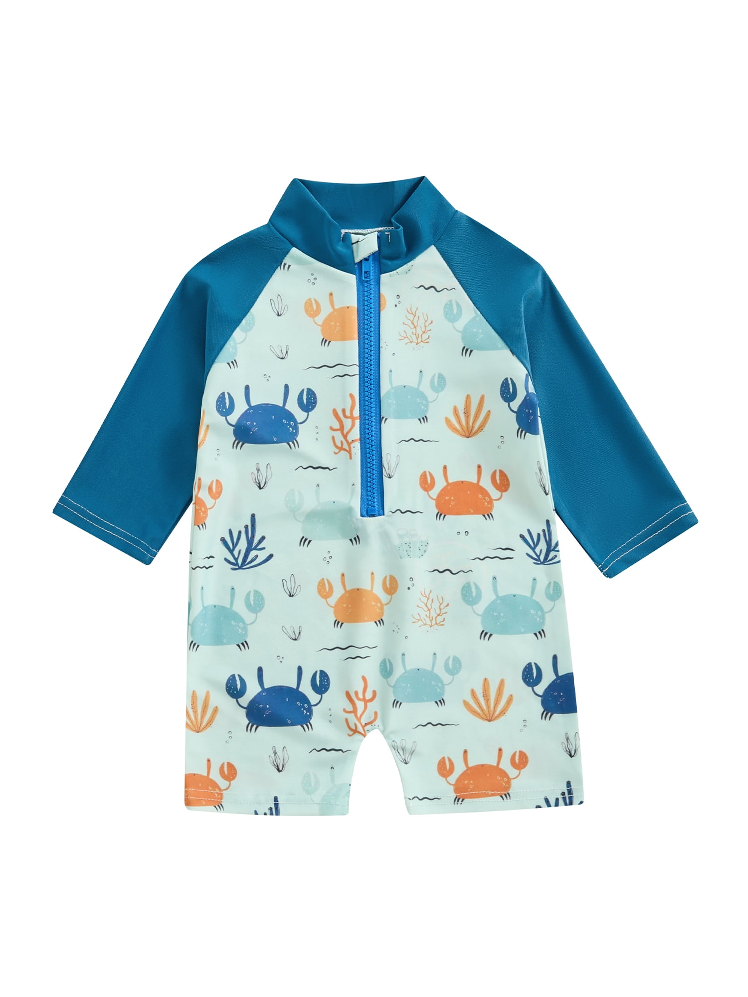 Baby Boy Round Neck Crab Coral Print Zip UP Rash Guard Swimwear Sun