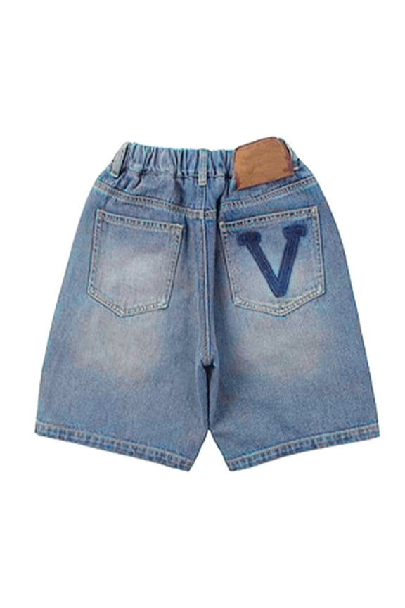 Baby Boy Shorts Blue Boy's Elastic Waist Bermuda Denim Shorts Letter Patched Jean Shorts with Pockets Kid Girls Denim Shorts Summer Elastic High Waist