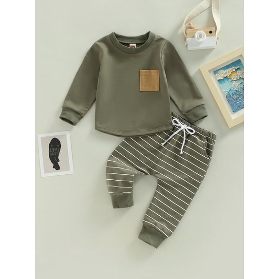 Baby Boy Spring Fall Clothes Long Sleeve Striped Front Pocket Shirt Top Sweatpants 2Pcs Casual Outfit (12-18 Months,Solid Green)