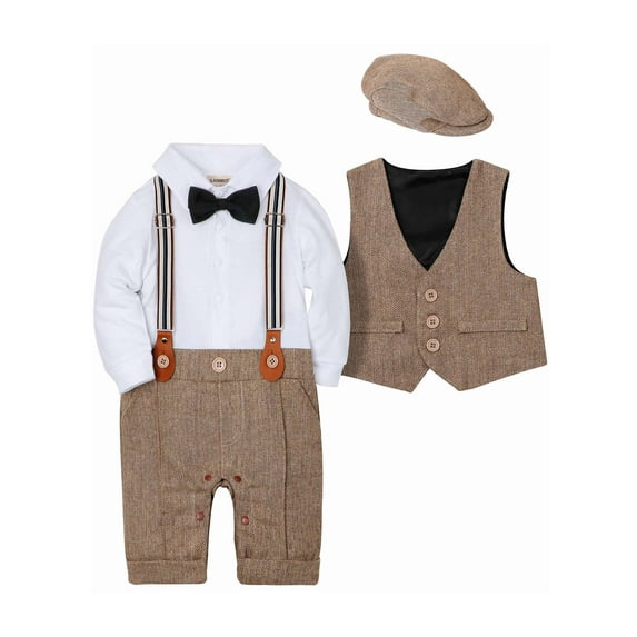 Baby Boy Suit Formal Outfits Infant Jumpsuit Waistcoat Coat Beret Hat Cotton Fabric Set 3pcs(12-18Months)