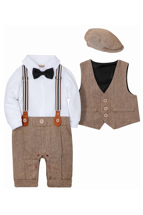 Baby Boy Suit Formal Outfits Infant Jumpsuit Waistcoat Coat Beret Hat Cotton Fabric Set 3pcs(18-24 Months)