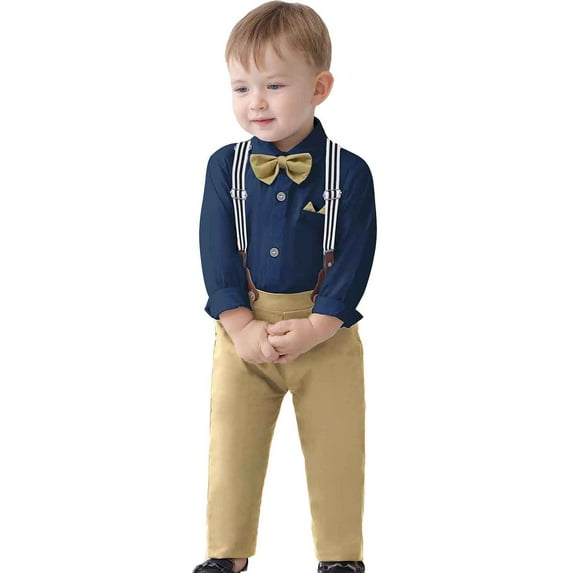Baby Boy Suit Set Tuxedo Long Sleeve Gentleman Suit Outfits + Suspender Pants + Bowtie Suit Outfits 12-18 Months