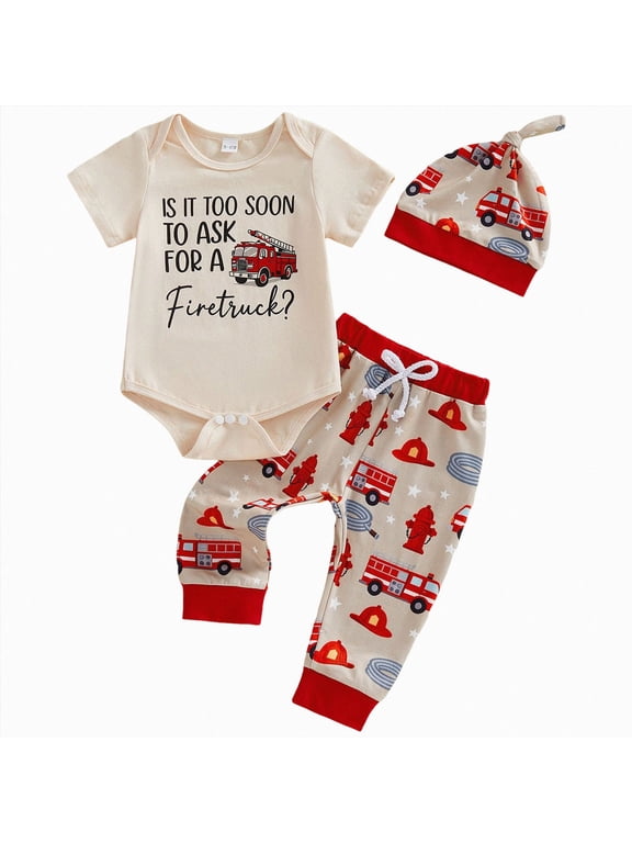 Baby Boy Summer Clothes Firetruck Short Sleeve Romper and Pants 3-Piece Set with Hat Infant Outfit