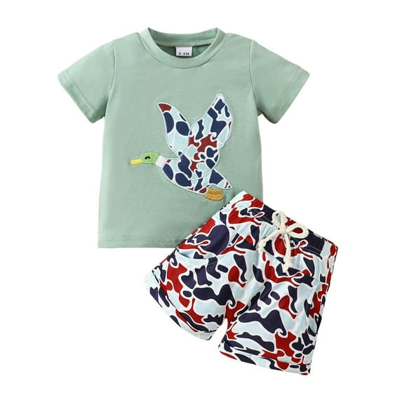 Baby Boy Summer Clothes Kids Child Boys Short Sleeve Cartoon Prints T Shirt Pullover Tops and Shorts Summer Outfits Boy Outfits Green 12 Months-18 Months