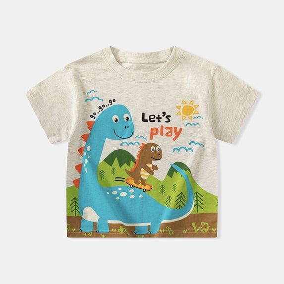 Baby Boy Summer Clothes Kids Toddler Boys and Girls Summer Colorful Cartoon Dinosaur Prints Short Sleeve T Shirts Toddler T Shirts Light Gray 18 Months-24 Months