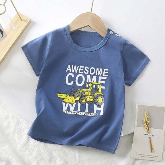 Baby Boy Summer Clothes Kids Toddler Boys Summer Cartoon Excavator Airplane Dinosaur Print Cotton Short Sleeve T Shirts Summer Tops Blue 6 Months-9 Months