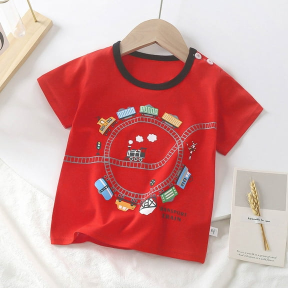Baby Boy Summer Clothes Kids Toddler Boys Summer Cartoon Excavator Airplane Dinosaur Print Cotton Short Sleeve T Shirts Summer Tops Red 9 Months-18 Months
