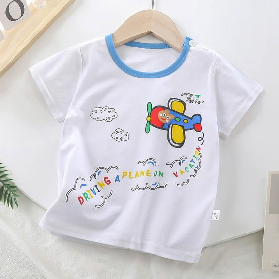 Baby Boy Summer Clothes Kids Toddler Boys Summer Cartoon Excavator Airplane Dinosaur Print Cotton Short Sleeve T Shirts Toddler T Shirts White 4 Years-5 Years
