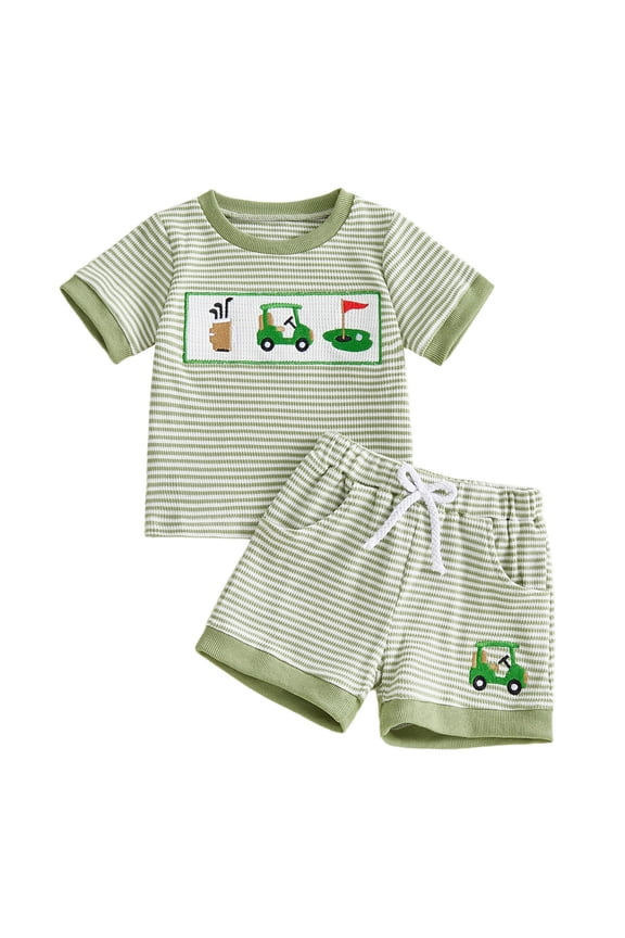 Baby Boy Summer Clothes Mamas Boy Embroidered Waffle Knit Short Sleeve T-Shirt Shorts Set Toddler Striped Outfit