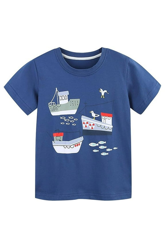 Baby Boy Summer Clothes Summer Kids Toddler Boys Cartoon Boat Prints Crew Neck Top Breathable Sports T Shirt Girls T Shirts Navy 3 Years-4 Years
