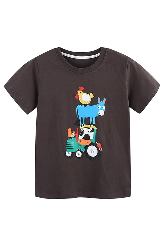 Baby Boy Summer Clothes Summer Kids Toddler Boys Cartoon Farm Animals Prints Crew Neck Top Breathable Sports T Shirt Baby Girl Summer Clothes Coffee 3 Years-4 Years
