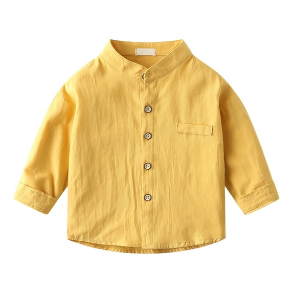Baby Boy Summer Clothes Toddler Child Boys Spring Summer Solid Button Up Dress Shirts Casual Lightweight Long Sleeve Blouse Tees Tops Summer Tops Yellow 12 Months-18 Months