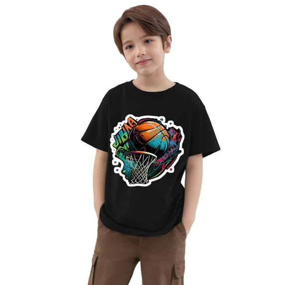 Baby Boy Summer Clothes Toddler Kids Boys Summer Soccer Basketball Rugby Print Short Sleeve Casual T Shirt Lightweight Breathable Soft Top Summer Tops Black1 7 Years-8 Years