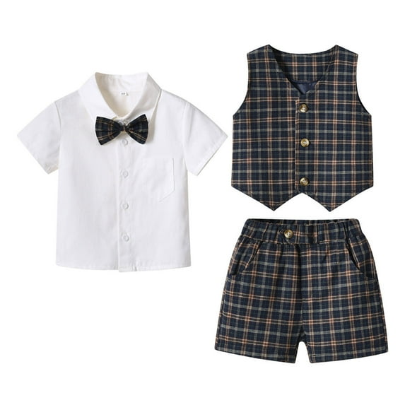 Baby Boy Summer Clothes Toddler Summer Short Sleeve Plaid Prints T Shirt Tops Vest Coat Shorts Child Kids Gentleman Outfits Outfit Boy Blue 2 Years-3 Years