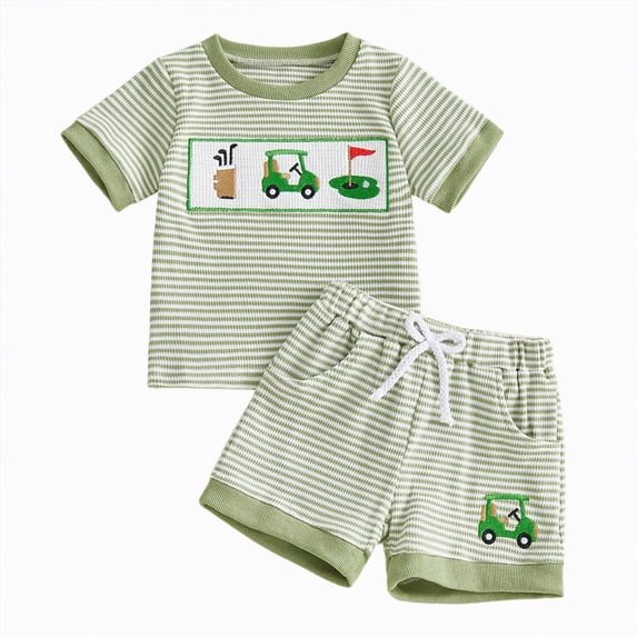 Baby Boy Summer Outfit Striped Embroidered Knit T-Shirt Shorts Set Toddler Clothes