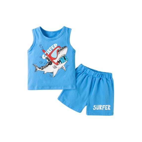 Baby Boy Summer Outfits Shark Print Sleeveless Tank Tops + Letter Shorts 2 Piece Outfits Set