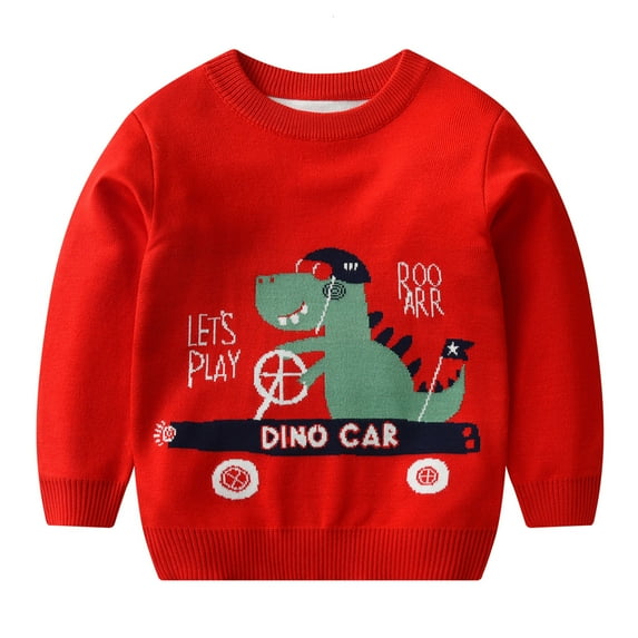 Baby Boy Sweater Toddler Long Sleeve Cartoon Dinosaur Knit Sweater Warm Polyester Boys Sweaters Red 18 Months-24 Months
