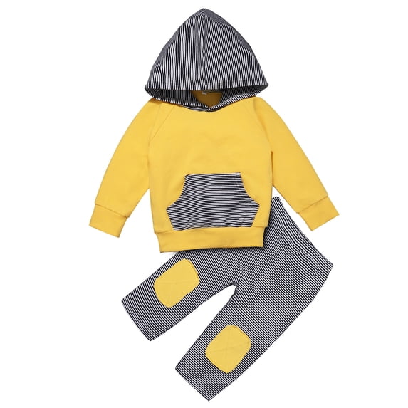 Baby Boy Sweaters Newborn Infant Baby Boys Girls Patch Striped Hooded Sweatshirt+Pants Outfits Set Toddler Halloween Sweatshirt Yellow 70