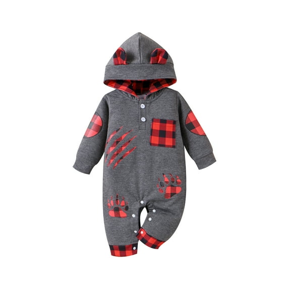 Baby Boy Sweatshirt Romper Cute Plaid Print Long Sleeve Hoodie Jumpsuit for Infant Toddler Fall Outfit