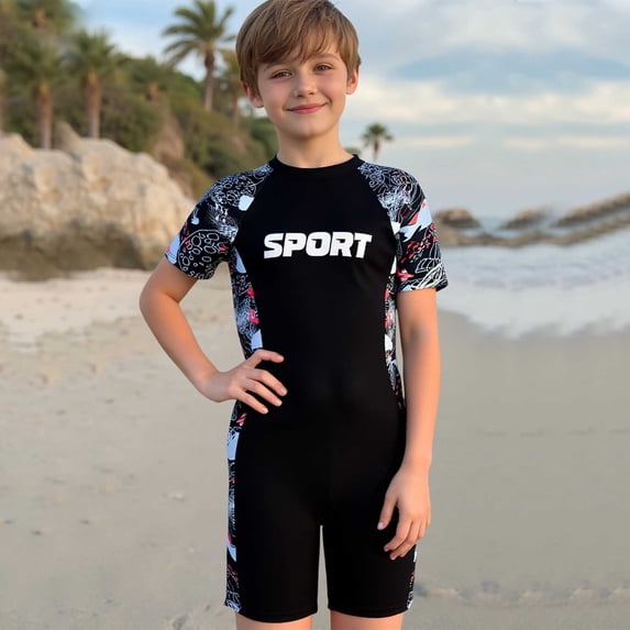 Baby Boy Swimsuit 1 Piece Zipper Quick Drying Kids Swimsuits Cute Cartoon Print Bathing Suit Toddler Swimming Clothing Black Size 10-11 Years
