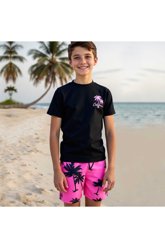 Baby Boy Swimsuit Comfortable Coconut Tree Print Short Sleeve Crewneck Swim Top with Trunks Boys Swim Set Size 9-10Y