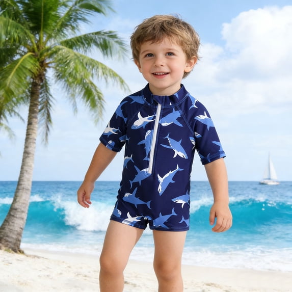 Baby Boy Swimsuit Kids Boys Cartoon Shark Print One Piece Swimsuits Boys Bathing Suit Dark Blue 18-24 Months