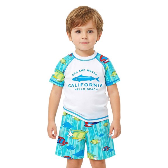 Baby Boy Swimsuit Kids Boys Sun Shield Split Swimsuit with Breathable Ocean Fish Pattern Set Sky Blue 6-7 Years
