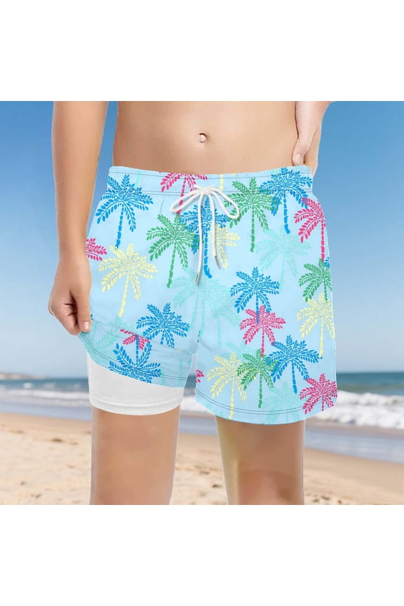 Baby Boy Swimsuit Kids Double Layer Swim Trunks Colorful Coconut Tree Print Elastic Waistband Breathable Cute Boys Bathing Suit Size 2-3Y
