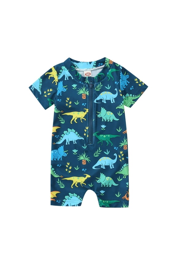 Baby Boy Swimsuit Summer Dinosaur Prints Short Sleeve Cartoon 1 Piece Beach Swimsuit Bikini Toddler Bathing Suit Boy Dark Blue 3 Months-6 Months