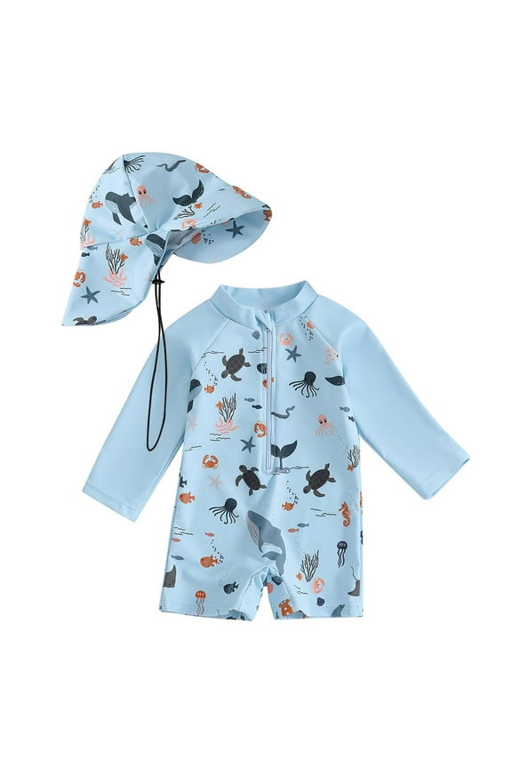 Baby Boy Swimsuit Toddler Boy Marine Animal Print Sun Protection Onepiece Swimsuit with Swim Cap Rash Guard Long Sleeve Bathing Suit Toddler Swimsuit Light Blue 0 Months-3 Months