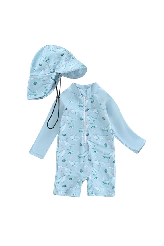 Baby Boy Swimsuit Toddler Kids Rash Guard Swimsuit Long Sleeve Sunscreen One Piece Bathing Suit Beachwear Boys Swim Trunks Light Blue 0 Months-3 Months