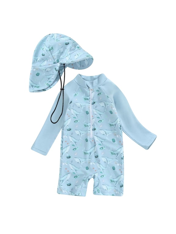 Baby Boy Swimsuit Toddler Kids Rash Guard Swimsuit Long Sleeve Sunscreen One Piece Bathing Suit Beachwear Boys Swim Trunks Light Blue 0 Months-3 Months