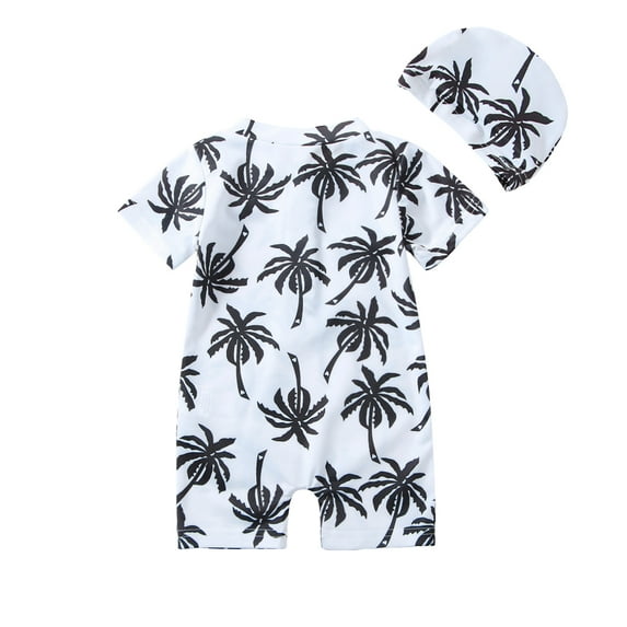 Baby Boy Swimsuit with Hat, Cartoon Tree Print Short Sleeve Round Neck Half Zipper Jumpsuit Bathing Suit 0-18 Months
