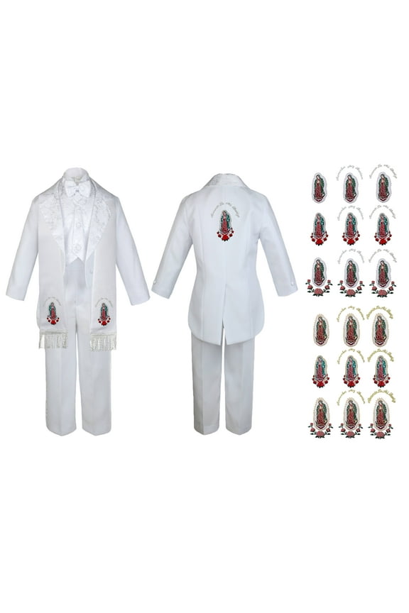 Baby Boy Teen Baptism Formal White Tail Suit Silver Gold Maria on Stole & Back Sm-20