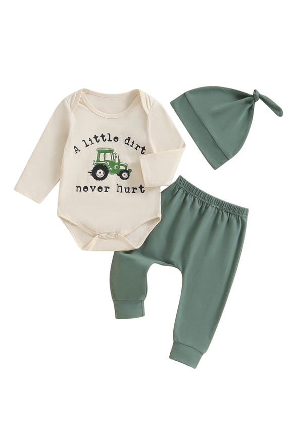 Baby Boy Toddler Boys Fall Outfit 0 3 6 12 18 Months Letter Tractor Print Long Sleeve Rompers and Elastic Pants Beanies Hat Set Spring 3 Piece Clothes